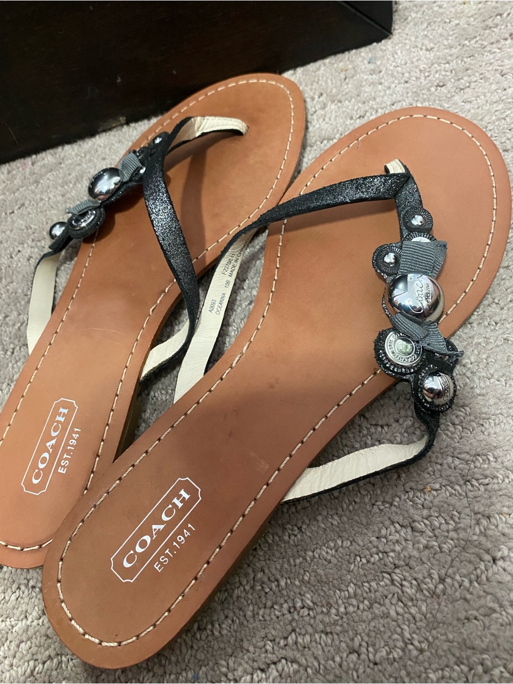 Coach Black and Tan Embellished Thong Sandals